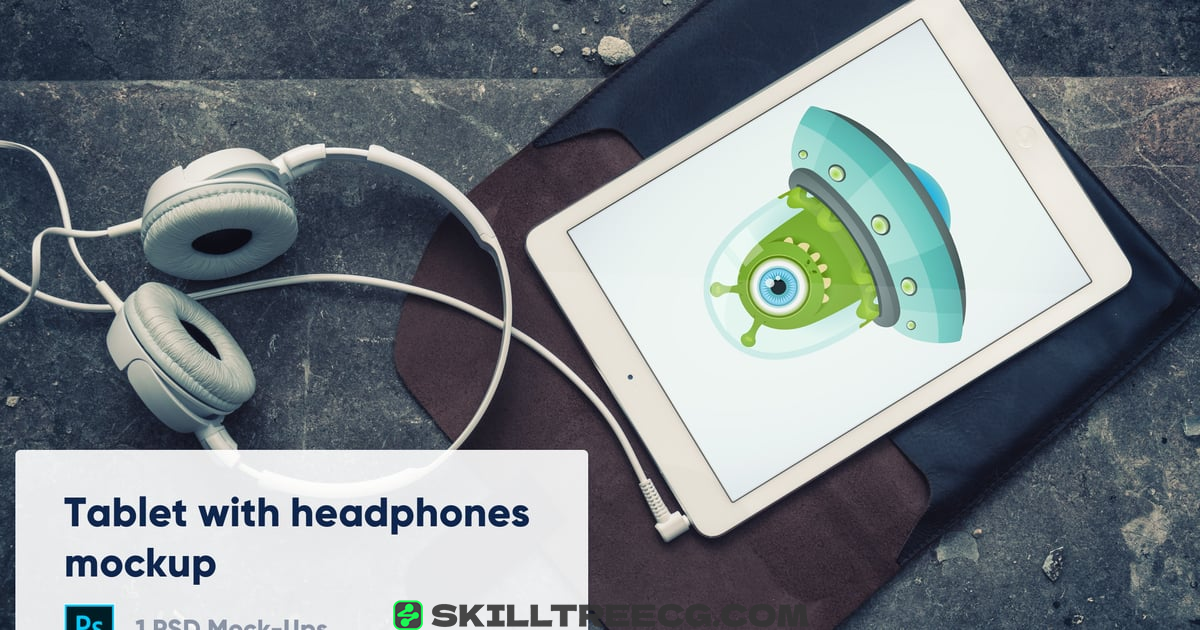 Tablet with Headphones on Stone Background Mockup（807534）-技能树